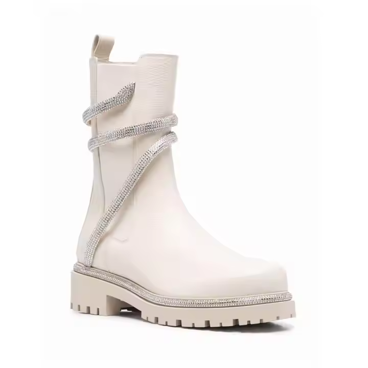 Custom Women's Mid Heel Winter Short Boots Solid Color Rhinestone Snake Wrap Genuine Leather Plush Lining PU Insole