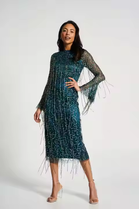 Beautifully Made Fringes Tulle Dress with Elegant Beads Royal Touch & Elegant Floral Pattern Crafted by Master Craftsman