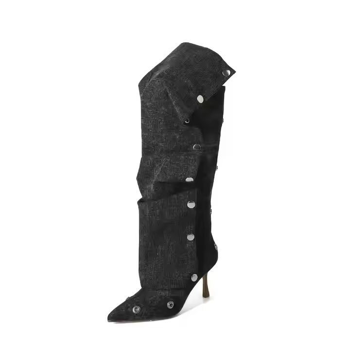 Custom Fashion Women's 8cm Stiletto Knee-High Boots Pointy Toe Printed Denim Shaft Winter Solid Rubber Ankle Zip