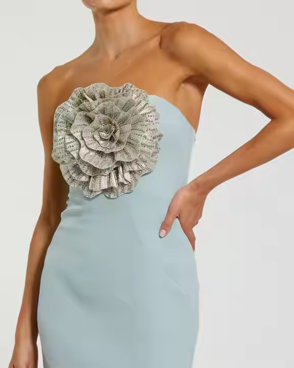 Strapless -Neck Maxi Dress Embellished Pearls Embroidery A-Line Silhouette Front full-Length Natural Waist Simple Fashion